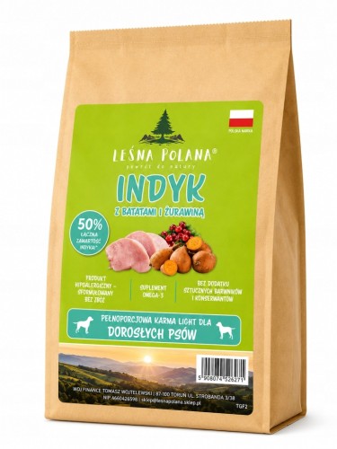 LEŚNA POLANA Karma dla psa LIGHT Indyk z Batatami 2 kg Bezzbożowa